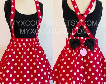 CUSTOM Erwachsenengröße Rot Rosa Punkte criss cross Hosenträger Kreis Rock NUR, Minnie Maus Geburtstag Outfit mit passender Haarschleife