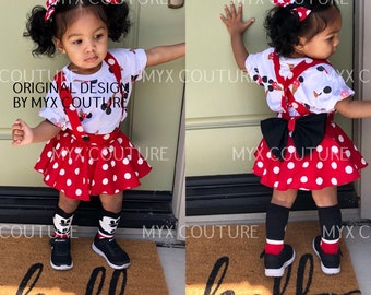 Traje de cumpleaños de Minnie Mouse Rojo Rosa lunares entrecruzados tirantes cruzados círculo SKIRT SOLAMENTE, con un lazo de pelo a juego, Bebé niña pequeña