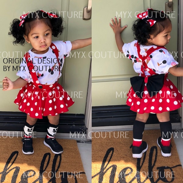 Minnie Mouse birthday outfit Red Pink polka dots criss cross suspenders circle SKIRT ONLY, with a matching hairbow, Baby infant toddler girl