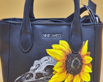 Hand-painted vegan leather purse raven and sunflower