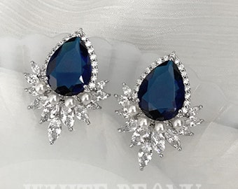 Sapphire Royal Blue Drop Crystal & Pearl Bridal Studs Earrings-Blue Cubic Zirconia Art Deco Gatsby Downton Abbey Boho Earrings-"SCARLETT"