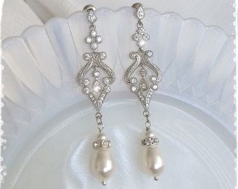 1920s Art Deco Gatsby Inspired Bridal Crystal Pearl Drop Earrings-Downton Abbey Vintage Wedding Cubic Zirconia Chandelier Earrings-"BELLE"