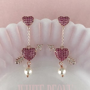 Rose Gold Victorian Bridal Crystal Heart & Arrow Chandelier Earrings-Ruby Pink Cubic Zirconia CZ Heart Swarovski Pearl Drop Earrings-&quot;AMOR&quot;