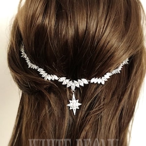 CZ Crystal V Shape Starburst Bridal Headpiece-Cubic Zirconia Star Art Deco Gatsby Old Hollywood Boho Wedding Forehead Chain-&quot;ESTRELLA&quot;