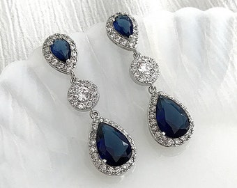 Sapphire Blue Crystal Drop Bridal Earrings-Something Blue Cubic Zirconia Art Deco Boho Vintage Wedding Teardrop Dangle Earrings-"MARGOT"
