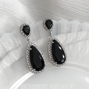 Black Crystal 1920s Art Deco Gatsby Inspired Bridal Drop Earrings-Downton Abbey Vintage Wedding Cubic Zirconia Pear Drop Earrings-&quot;CALISTA&quot;
