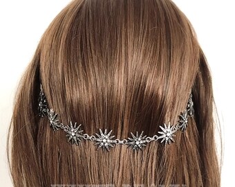 Celestial Crystal Starburst Bridal Hair Chain Headpiece-Vintage Art Deco Gatsby Boho Star Snowflake Backside Tiara Forehead Chain-"HYDRUS"