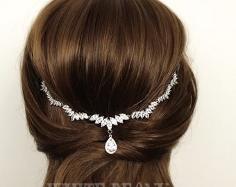 Crystal V Shape Teardrop Wedding Headpiece-Cubic Zirconia Leaf Art Deco Gatsby Downton Abbey Boho Bridal Forehead Chain-"VERONICA luxe"