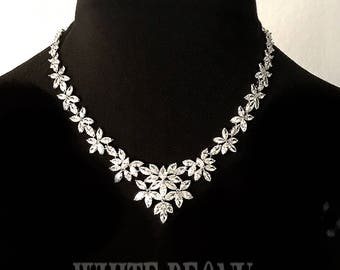 Luxury Vintage Inspired Art Deco Bridal Crystal Necklace-Full Cubic Zirconia Gatsby Downton Abbey Old Hollywood Statement Necklace-"COLETTE"