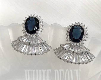 Sapphire Blue Crystal 1920s Art Deco Gatsby Inspired Fan Studs Earrings-Vintage Downton Abbey Bridal Cubic Zirconia Earrings-"MARION blue"