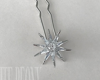 Silver Celestial Crystal Starburst Bridal Hair Pin Accessory-Art Deco Old Hollywood Boho Wedding Cubic Zirconia Star Hairpin-"CASSIOPEIA"