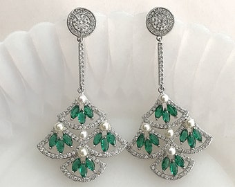 Emerald Green Crystal Art Deco Gatsby Bridal Fan Chandelier Earrings-Green Cubic Zirconia Downton Abbey Old Hollywood Glam Earrings-"CLARA"