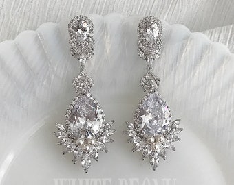 Bridal Crystal Long Chandelier Earrings-Cubic Zirconia Teardrop Art Deco Gatsby Old Hollywood Boho Wedding Dangle Earrings-"SCARLETT long"