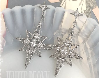 Dainty Bridal Crystal Star Dangle Earrings-Clear AAA Cubic Zirconia Vintage Art Deco Gatsby Starburst Rock Star Wedding Earrings-"ESTRELLA"