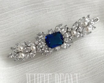 Fermaglio per capelli da sposa con foglia di cristallo ispirato Art Déco in zaffiro blu reale, fermaglio per capelli da sposa vintage con zirconi cubici, forcina per capelli, "CAMILLA"