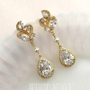 Gold Boho Bridal Crystal Leaf Teardrop Earrings-Cubic Zirconia CZ Swarovski Pearl Art Deco Greek Goddess Wedding Chandelier Earrings-&quot;JAMIE&quot;