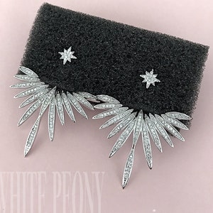 Celestial Bridal Crystal Starburst Ear Jacket Earrings-Cubic Zirconia Art Deco Boho Wedding Star Statement Ear Dress Stud Earrings-&quot;EPSILON&quot;