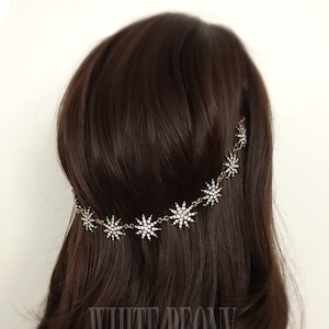 Golden Celestial Starburst Bridal Crystal Hair Chain Headpiece-Vintage Art Deco Gatsby Boho Star Backside Tiara Forehead Chain-&quot;PEGASUS&quot;