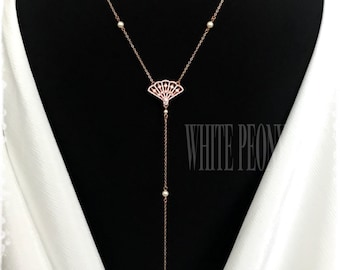 Rose Gold Fan Vintage Art Deco Gatsby Style Backdrop Necklace-Swarovski Pearl Cubic Zirconia Downton Abbey Bridal Long Back Necklace-"NORMA"