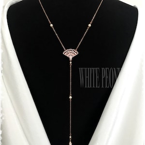 Rose Gold Fan Vintage Art Deco Gatsby Style Backdrop Necklace-Swarovski Pearl Cubic Zirconia Downton Abbey Bridal Long Back Necklace-&quot;NORMA&quot;