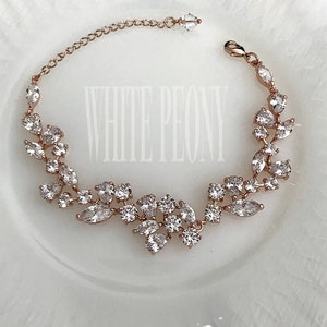 Rose Gold Art Deco Bridal Crystal Leaf Bracelet-Clear Cubic Zirconia Leaves Boho Bohemian Grecian Old Hollywood Bracelet-&quot;SIENNA rose gold&quot;