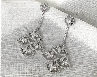 Art Deco Gatsby Inspired Crystal Fan Chandelier Earrings-Cubic Zirconia Downton Abbey Old Hollywood Glam Bridal Long Fan Earrings-"CLARA"