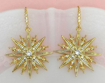 Light Gold Vintage Art Deco Style Crystal Starburst Statement Dangle Earrings-Cubic Zirconia Galaxy Wedding Gold Star Earrings-"SIRIUS"