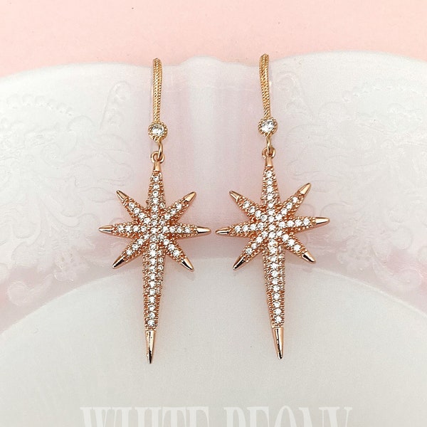 Rose Gold Twinkle Star Boho Bohemian Bridal Dangle Earrings-Clear Pave Cubic Zirconia Art Deco Galaxy Starburst Chandelier Earrings-"VEGA"