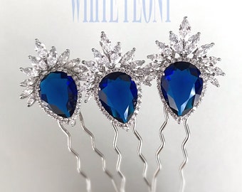 Sapphire Royal Blue Crystal Teardrop Leaf Hair Pin Hair Accessory-Vintage Art Deco Boho Wedding Cubic Zirconia Statement Hairpin-"SCARLETT"