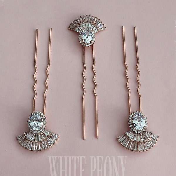 Rose Gold & Crystal Fan Bridal Hair Pin Hair Accessory-Vintage Art Deco Gatsby Downton Abbey Wedding AAA Cubic Zirconia Fan Hairpin-"MARION"