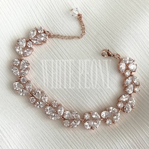 Rose Gold Bridal Crystal Leaf Flower Bracelet-Cubic Zirconia Vintage Boho Art Deco Gatsby Downton Abbey Old Hollywood Bracelet-&quot;OFELIA&quot;