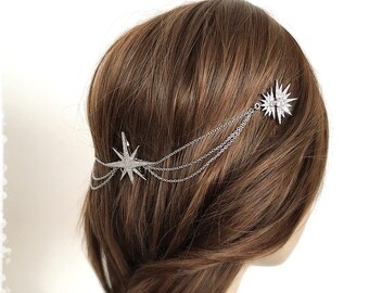Celestial Starburst Bridal Crystal Hair Chain Headpiece-Art Deco Gatsby Boho Starry Night Wedding Cubic Zirconia CZ Star Head Chain-"SIRIUS"
