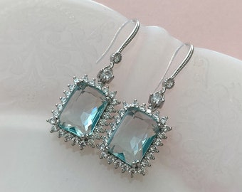 Simple Modern Bridal Aquamarine Rectangle CZ Crystal Drop Earrings-Cubic Zirconia Art Deco Old Hollywood Wedding Statement Earrings-"KARLIE"