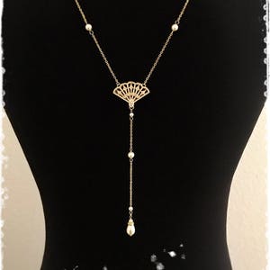 Yellow Gold Fan Vintage Art Deco Gatsby Backdrop Necklace-Swarovski Pearl Cubic Zirconia Downton Abbey Bridal Long Back Necklace-&quot;NORMA&quot;