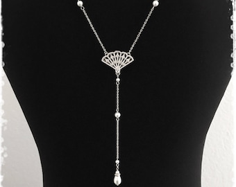 White Gold Fan Vintage Art Deco Gatsby Backdrop Necklace-Swarovski Pearl Cubic Zirconia Downton Abbey Bridal Long Back Drop Necklace-"NORMA"