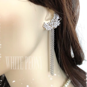 CZ Crystal Branch Leaf Ear Wrap Earrings-Cubic Zirconia Frozen Branches Ear Cuff Ear Climbers-Boho winter Goddess Chain Fall Earrings-&quot;KIRA&quot;