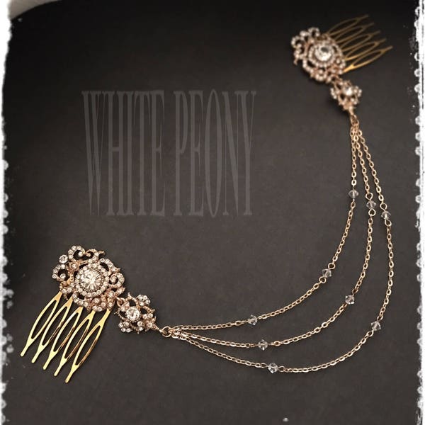 Champagne Gold Vintage Gatsby Art Deco Inspired Crystal and Chain Headpiece Hair Drape-Boho Goddess Bridal Hair Chain Wrap-"ALIDA gold"