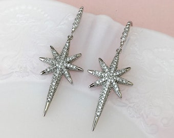 Twinkle Star Boho Bohemian Bridal Dangle Earrings-Clear Pave Cubic Zirconia Vintage Art Deco Gatsby Starburst Chandelier Earrings-"VEGA"