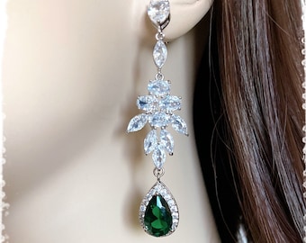 Emerald Green Crystal Bridal Long Chandelier Earrings-Cubic Zirconia Drop Art Deco Old Hollywood Boho Wedding Crystal Leaf Earrings-"KHLOE"
