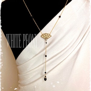 Black Crystal Yellow Gold Fan Vintage Art Deco Gatsby Backdrop Necklace-Swarovski Pearl Cubic Zirconia Downton Abbey Back Y Necklace-&quot;NORMA&quot;
