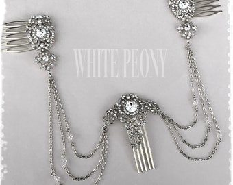 White Gold Vintage Gatsby Art Deco Inspired Crystal and Chain Headpiece Hair Drape-Boho Goddess Bridal Hair Chain Wrap-"ALIDA hair chain"