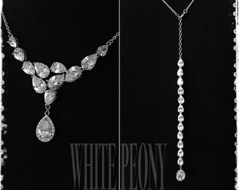 Vintage Modern Bridal Backdrop Necklace-Cubic Zirconia Boho Art Deco Gatsby Downton Abbey Old Hollywood Glam Crystal Drop Necklace-"PAMELA"