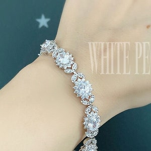 CZ Crystal Art Deco Bridal Bracelet-Vintage Modern Old Hollywood Gatsby Boho Wedding 5A Cubic Zirconia Flower Leaf Tennis Bracelet-&quot;MAIA&quot;