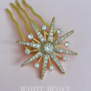 Gold Celestial CZ Crystal Starburst Bridal Hair Comb-Cubic Zirconia Vintage Art Deco Belle Epoque Boho Galaxy Star Comb Headpiece-&quot;ARCTURUS&quot;