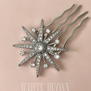 Silver Celestial CZ Crystal Starburst Bridal Hair Comb-Cubic Zirconia Vintage Art Deco Belle Epoque Boho Star Comb Headpiece-&quot;ARCTURUS&quot;