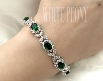 Emerald Green CZ Crystal Art Deco Bridal Bracelet-Vintage Old Hollywood Wedding Emerald Cubic Zirconia Flower Leaf Tennis Bracelet-"MAIA"