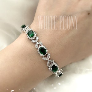 Emerald Green CZ Crystal Art Deco Bridal Bracelet-Vintage Old Hollywood Wedding Emerald Cubic Zirconia Flower Leaf Tennis Bracelet-&quot;MAIA&quot;