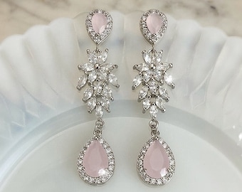 Pink Opal Art Deco Greek Goddess Inspired Bridal Crystal Chandelier Earrings-Cubic Zirconia Vintage Wedding Long Drop Earrings-"JENNIE"