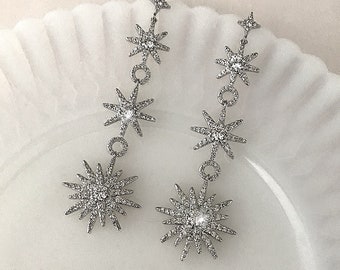 Celestial CZ Starburst Bridal Chandelier Earrings-Cubic Zirconia Crystal Boho Art Deco Wedding Quadruple Star Long Earrings-"PLEIADES"