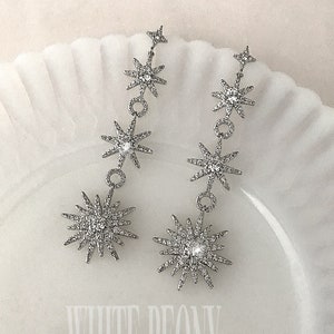 Celestial CZ Starburst Bridal Chandelier Earrings-Cubic Zirconia Crystal Boho Art Deco Wedding Quadruple Star Long Earrings-&quot;PLEIADES&quot;